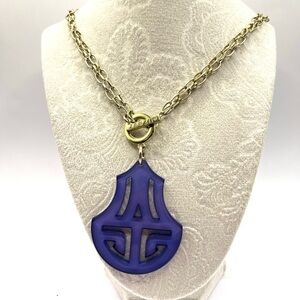Zenzii Blue Scroll Double Strand Toggle Gold Tone Necklace Statement Big Bold